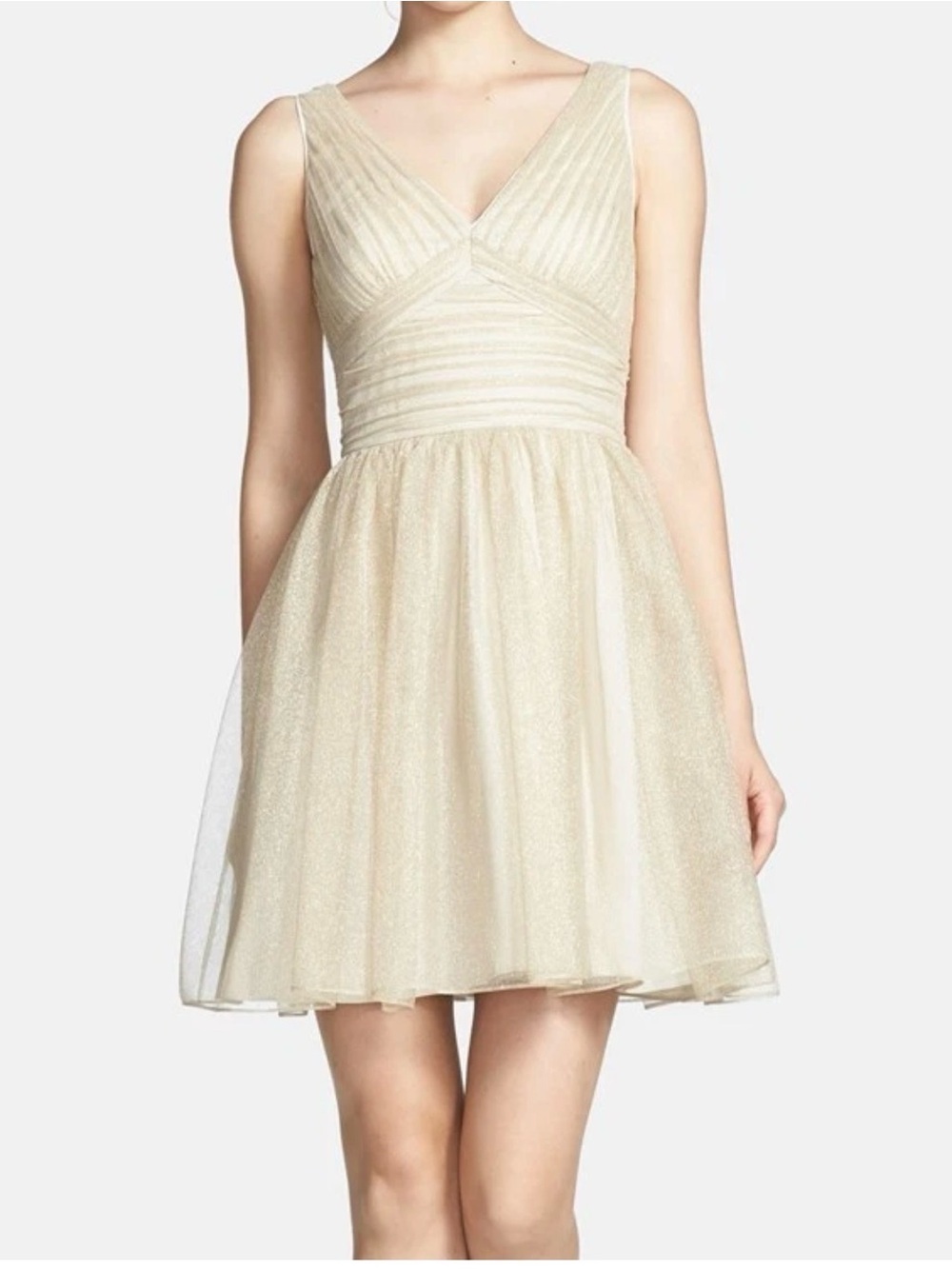 Aidan Mattox Champagne V-Neck Glitter Tulle Mini Dress Size 2
